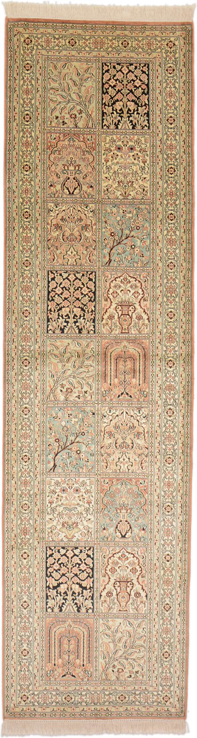 Cashmere Silk Oriental rug 80x300 Green (Indian) Hand Knotted