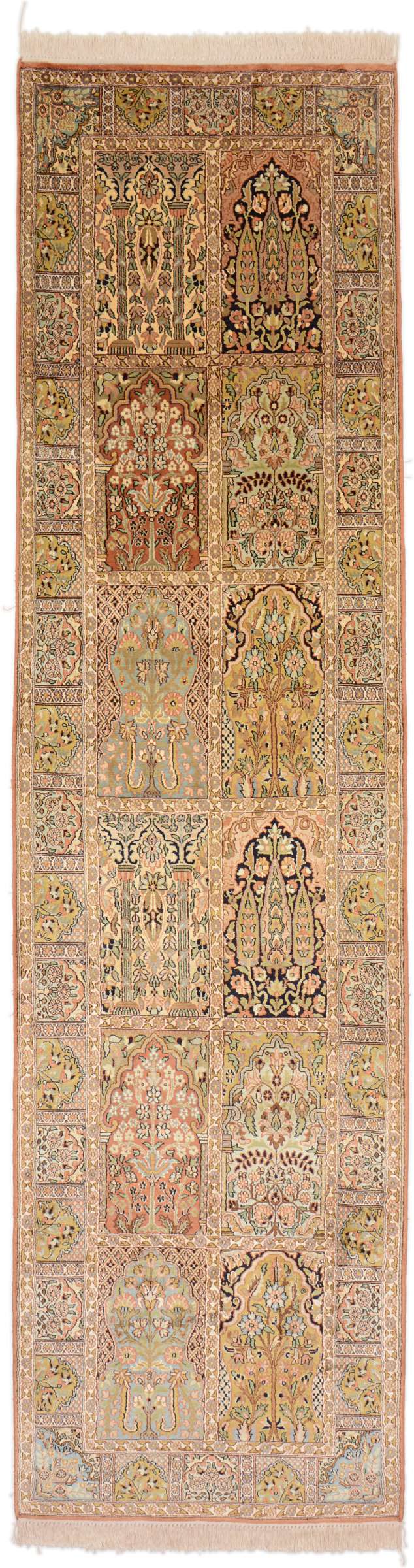 Cashmere Silk Oriental rug 300 x 80 Green (Indian) Hand Knotted