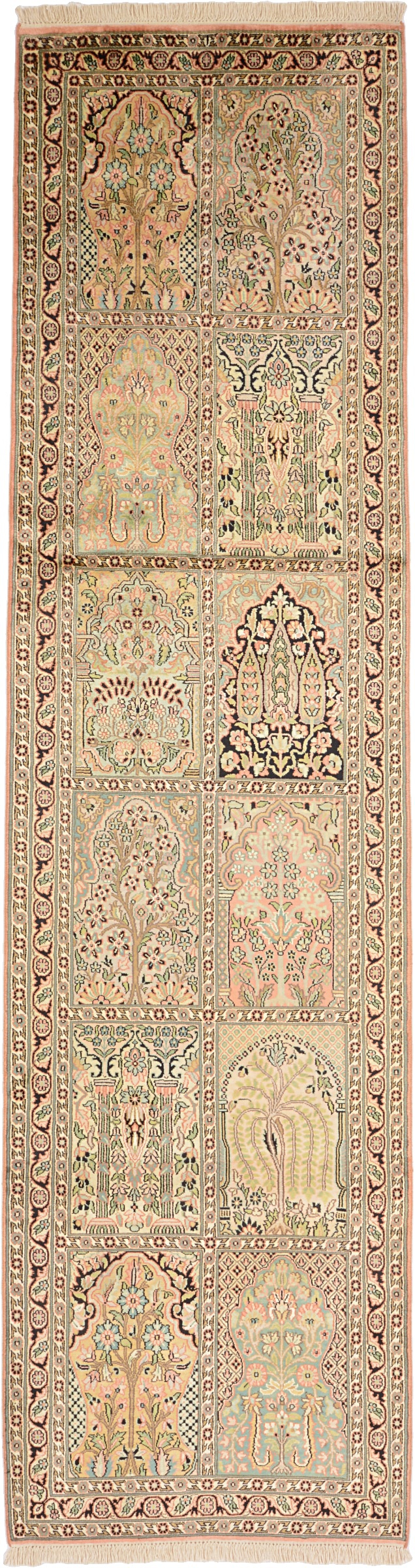 Cashmere Silk Tapis d'Orient 310x80 Vert (Indian) Noué À La Main