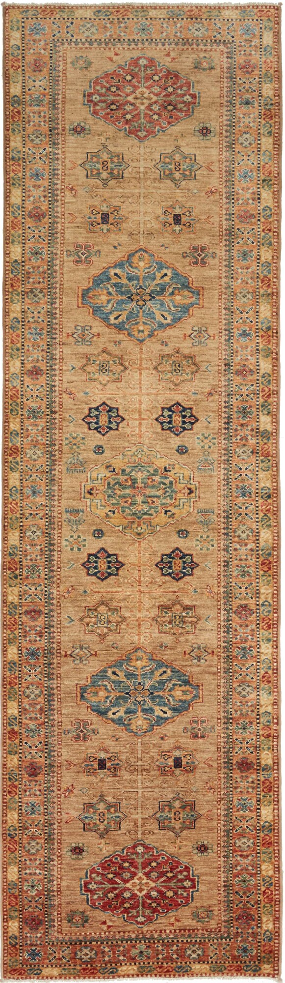 Kazak Rug 300x80 Green (Pakistan) Hand Knotted