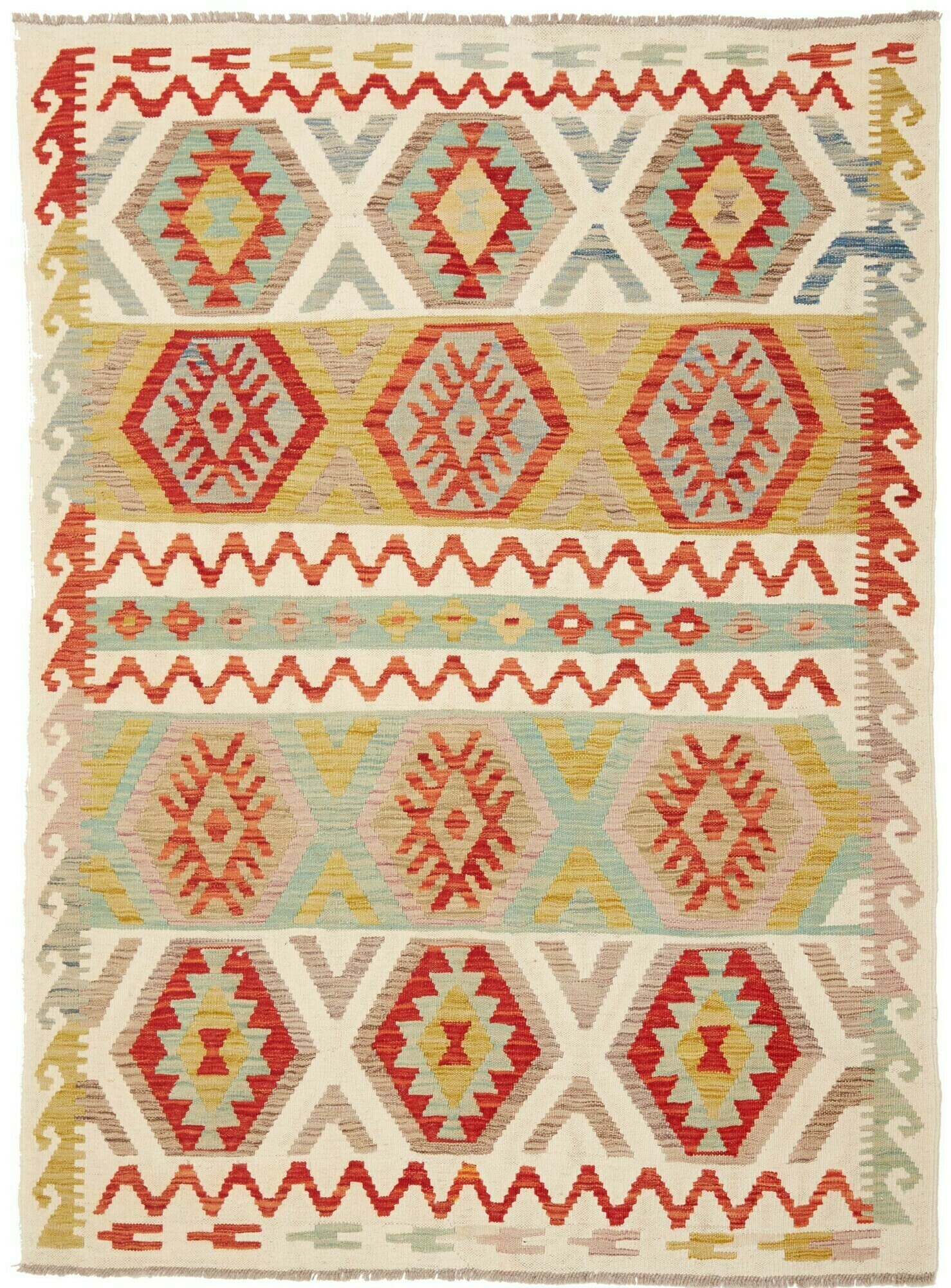 Kilim Tapijt 140x190 Wit (Pakistan) Tissés À La Main
